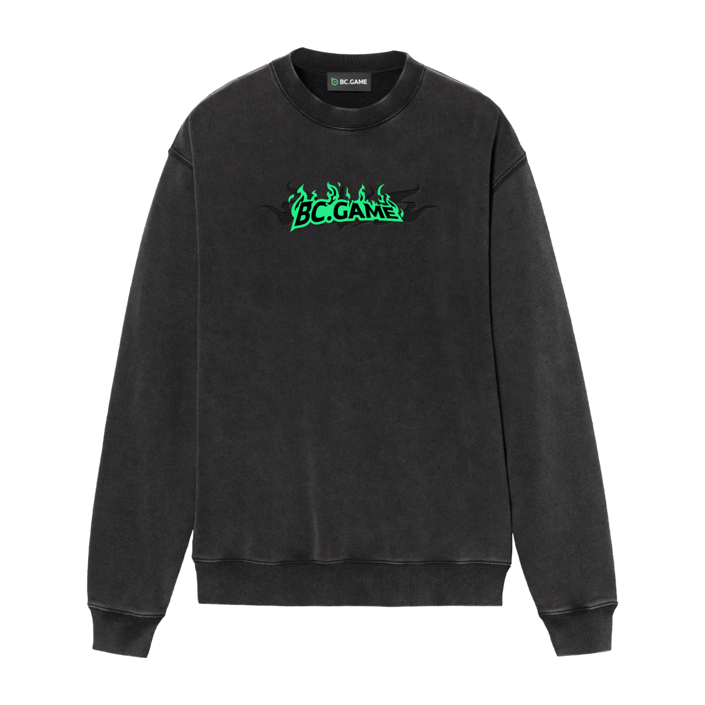 Black Crewneck Sweatshirt with Green Flame Print