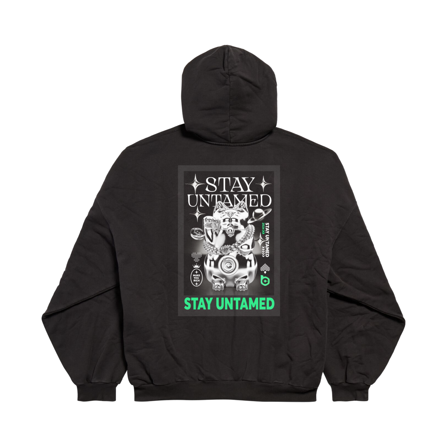 Black Hooded Sweatshirt with Lucky Cat Print