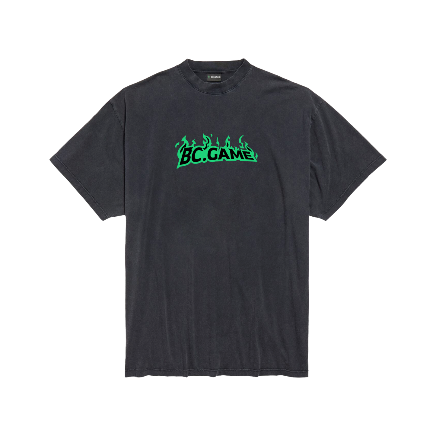 Distressed Black T-shirt with Green Flame Print