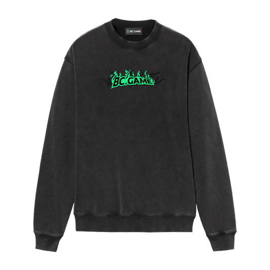 Black Crewneck Sweatshirt with Green Flame Print