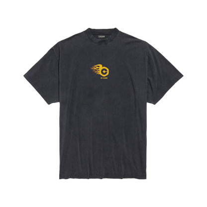 Distressed Black T-shirt with Yellow Flame Print
