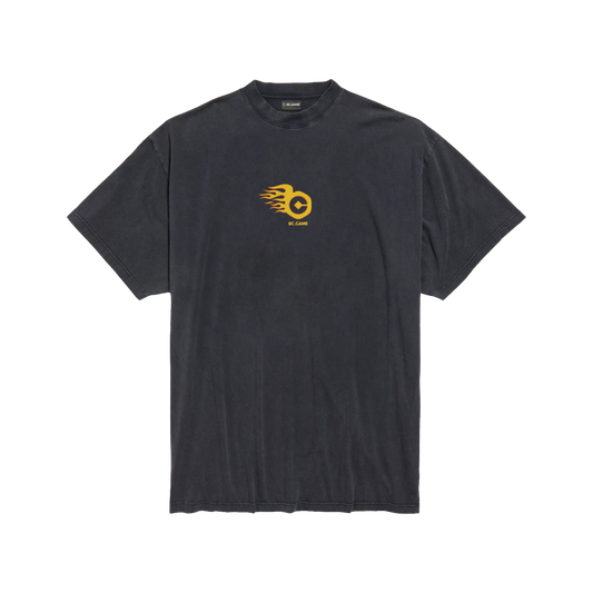 Distressed Black T-shirt with Yellow Flame Print