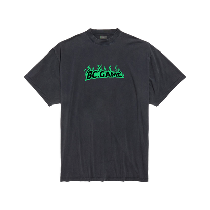 Distressed Black T-shirt with Green Flame Print