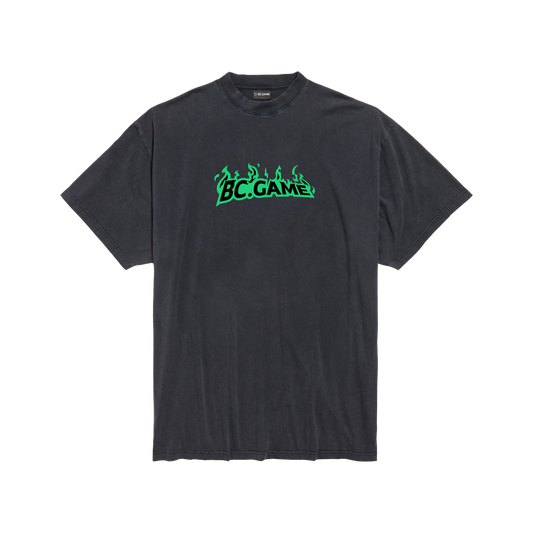 Distressed Black T-shirt with Green Flame Print