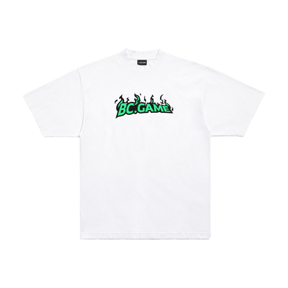 White T-shirt with Green Flame Print