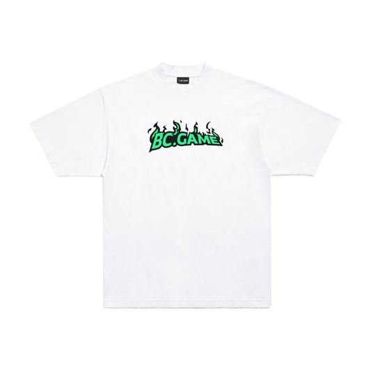 White T-shirt with Green Flame Print